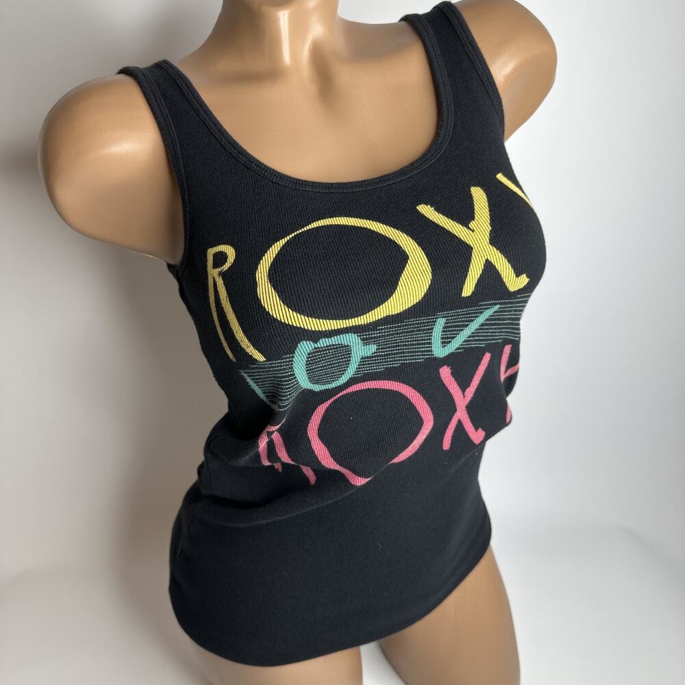 Vintage Roxy Love Y2K Logo Tank Top Black Neon Skater Surf Beach Stretch Small